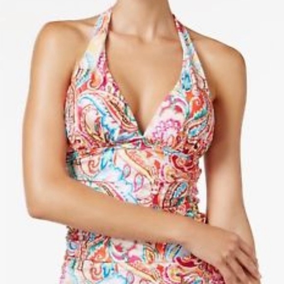Ralph Lauren Halter Style Paisley Dance Tankini Top Shirred size 16 - Picture 2 of 11